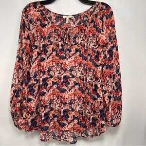 Floral Silk Joie Pink Orange Sheer Peasant Blouse Size M Medium